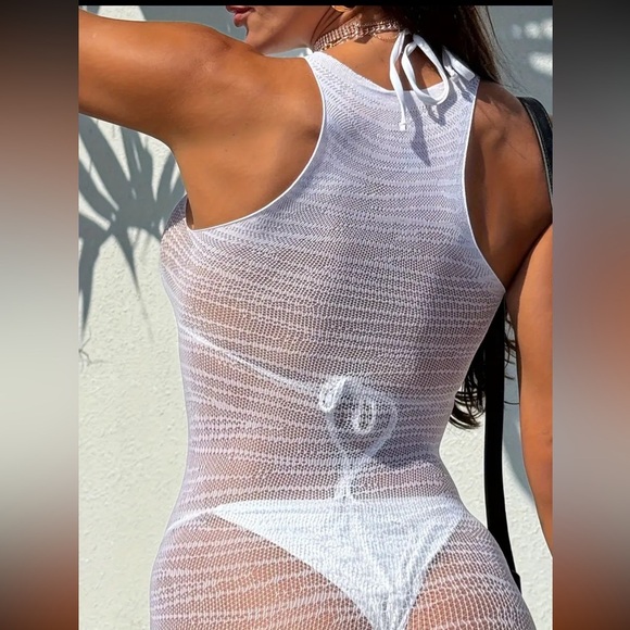 White Mesh Sheer Swim Cover-Up Beach Dress - Picture 3 of 5